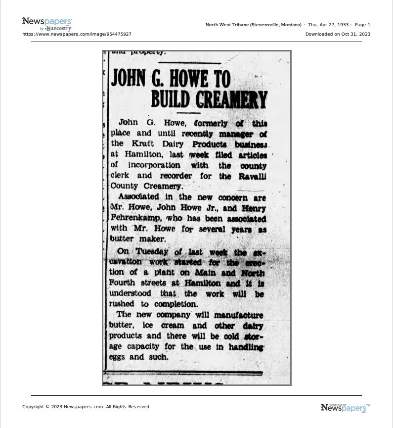 "John G. Howe to Build Creamery"