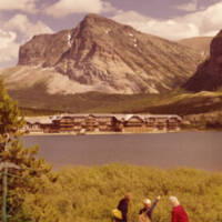 Many Glacier Hotel and Wynn Mountain across Swiftcurrent Lake